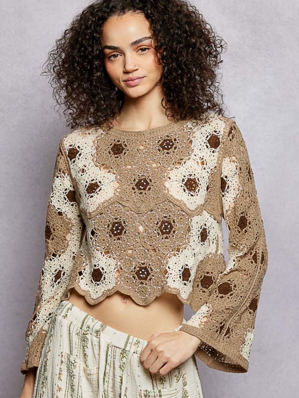 NWT POL Bohemian Mocha Crochet Bell Sleeve Sweater One Size - Picture 2 of 5